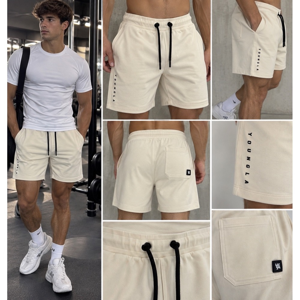 YoungLA 113 Gym Shorts Mens Medium Cream Beige Athletic Bodybuilding YLA2210